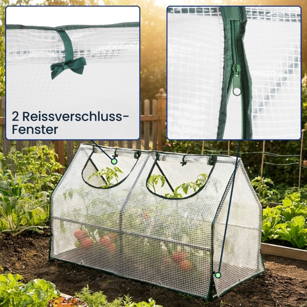 Folien-Gewächshaus 120x60x60 cm, Tomatenhaus mit A-Dach, 16mm verzinkter Stahl, 140g/m² PE-Folie, UV-Schutz & 2 Fenster mit Reissverschluss