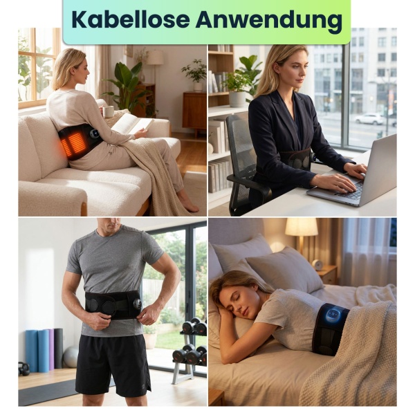 Beheizbarer Rücken-Wärmegürtel mit Massage, Akku-Heizgürtel für Lendenbereich, 5 Stufen, 152cm, kabellos, entspannend & wohltuend, USB-C