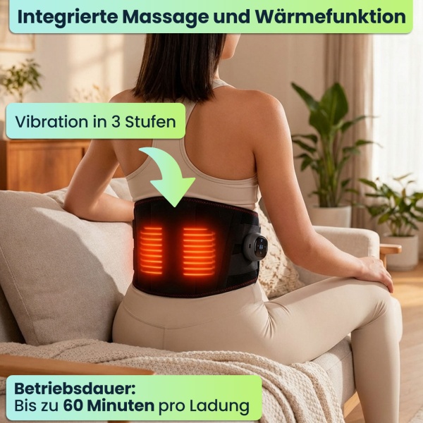 Beheizbarer Rücken-Wärmegürtel mit Massage, Akku-Heizgürtel für Lendenbereich, 5 Stufen, 152cm, kabellos, entspannend & wohltuend, USB-C