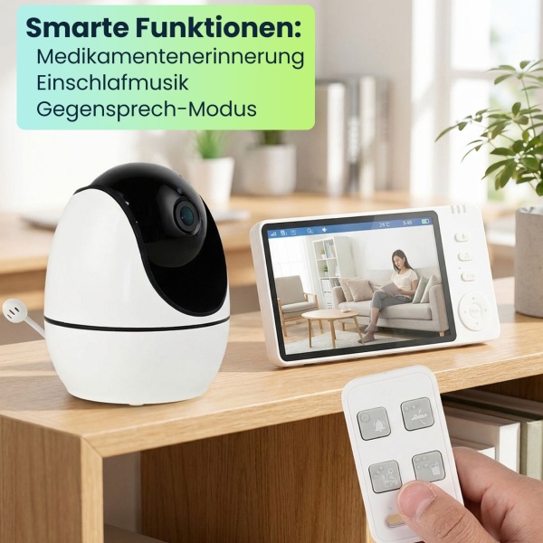 HD Überwachungskamera mit Monitor, schwenk- & neigbar: SOS Funk-Notrufsender, Gegensprechfunktion, Nachtsicht - ideal für Senioren