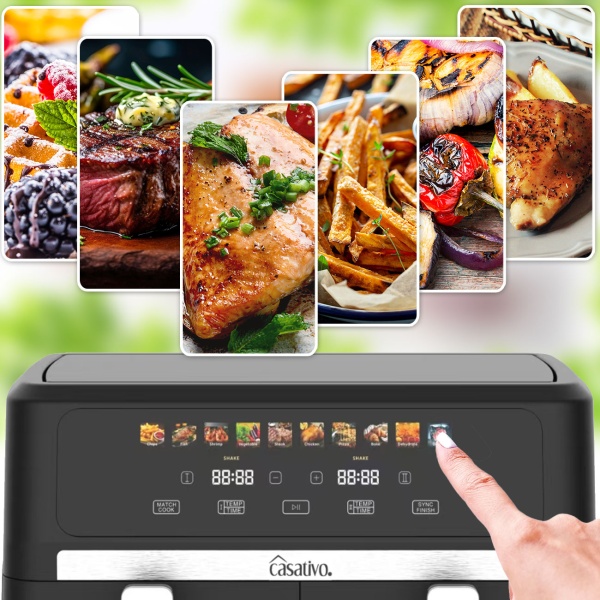 Premium Doppelkorb Heißluftfritteuse, Dual Zone, 2x 4,5 l - Air Fryer Edelstahl / ABS, 11 Kochprogramme, LED Touch Farbdisplay, Antihaft, 2800W 