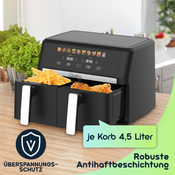 Premium Doppelkorb Heißluftfritteuse, Dual Zone, 2x 4,5 l - Air Fryer Edelstahl / ABS, 11 Kochprogramme, LED Touch Farbdisplay, Antihaft, 2800W 