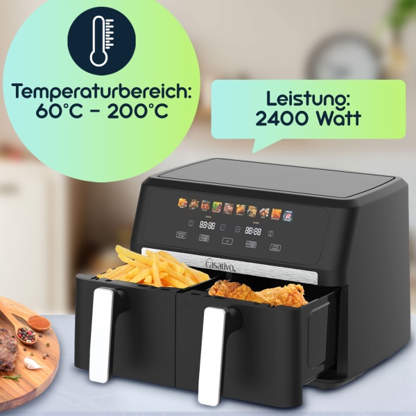 Premium Doppelkorb Heißluftfritteuse, Dual Zone, 2x 4,5 l - Air Fryer Edelstahl / ABS, 11 Kochprogramme, LED Touch Farbdisplay, Antihaft, 2800W 