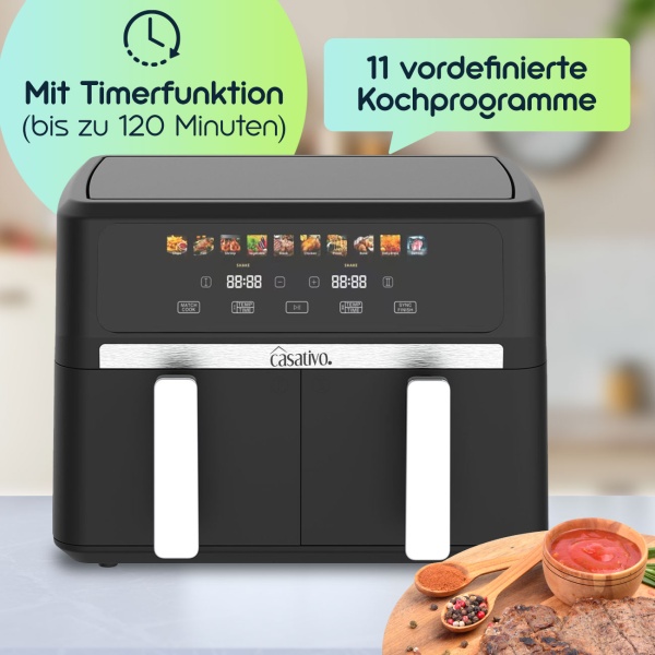 Premium Doppelkorb Heißluftfritteuse, Dual Zone, 2x 4,5 l - Air Fryer Edelstahl / ABS, 11 Kochprogramme, LED Touch Farbdisplay, Antihaft, 2800W 