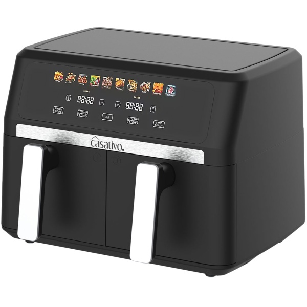 Premium Doppelkorb Heißluftfritteuse, Dual Zone, 2x 4,5 l - Air Fryer Edelstahl / ABS, 11 Kochprogramme, LED Touch Farbdisplay, Antihaft, 2800W 