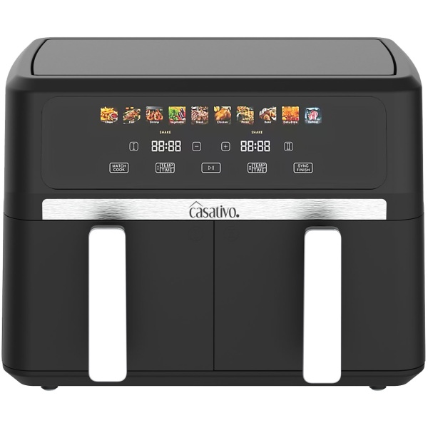Premium Doppelkorb Heißluftfritteuse, Dual Zone, 2x 4,5 l - Air Fryer Edelstahl / ABS, 11 Kochprogramme, LED Touch Farbdisplay, Antihaft, 2800W 