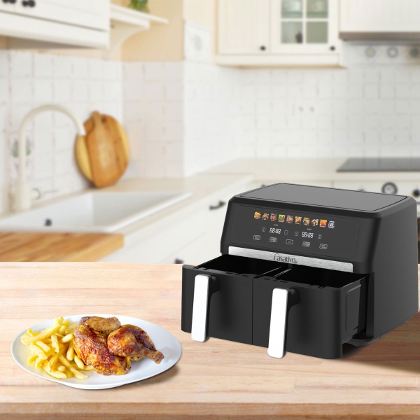 Premium Doppelkorb Heißluftfritteuse, Dual Zone, 2x 4,5 l - Air Fryer Edelstahl / ABS, 11 Kochprogramme, LED Touch Farbdisplay, Antihaft, 2800W 