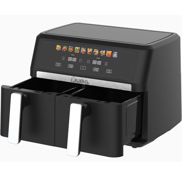Premium Doppelkorb Heißluftfritteuse, Dual Zone, 2x 4,5 l - Air Fryer Edelstahl / ABS, 11 Kochprogramme, LED Touch Farbdisplay, Antihaft, 2800W 