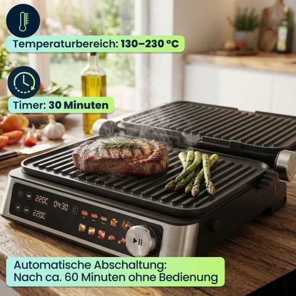 Vielseitiger Kontakt-Grill mit Farbdisplay & 2 Zonen: Leistungsstarker Elektrogrill für Steak, Sandwich, Fisch & Gemüse – Perfekter Tischgrill