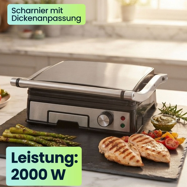 Leistungsstarker Kontaktgrill mit 2000W und Antihaftbeschichtung – Ideal als praktischer Tischgrill für saftige Steaks und Sandwiches