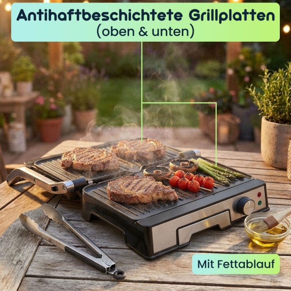 Leistungsstarker Kontaktgrill mit 2000W und Antihaftbeschichtung – Ideal als praktischer Tischgrill für saftige Steaks und Sandwiches