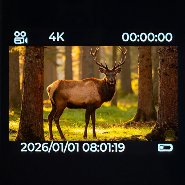 4K-UHD-Wildkamera mit 2 PIR Bewegungsmeldern, Smartphone Live Übertragung, Nachtsicht mit 42 IR LEDs, Farbmonitor, WLAN, Stand-by 8 Monate, IP65