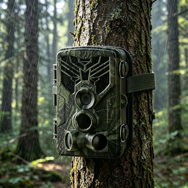 4K-UHD-Wildkamera mit 2 PIR Bewegungsmeldern, Smartphone Live Übertragung, Nachtsicht mit 42 IR LEDs, Farbmonitor, WLAN, Stand-by 8 Monate, IP65