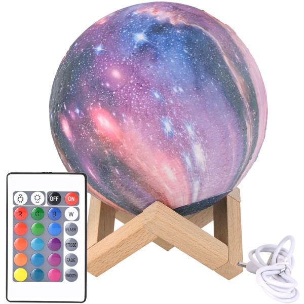 3D Galaxy Mond Lampe 15cm mit 16 Farben – Dimmbare LED Mondlampe inklusive Fernbedienung und Holzständer - Akku Nachtlicht & Deko