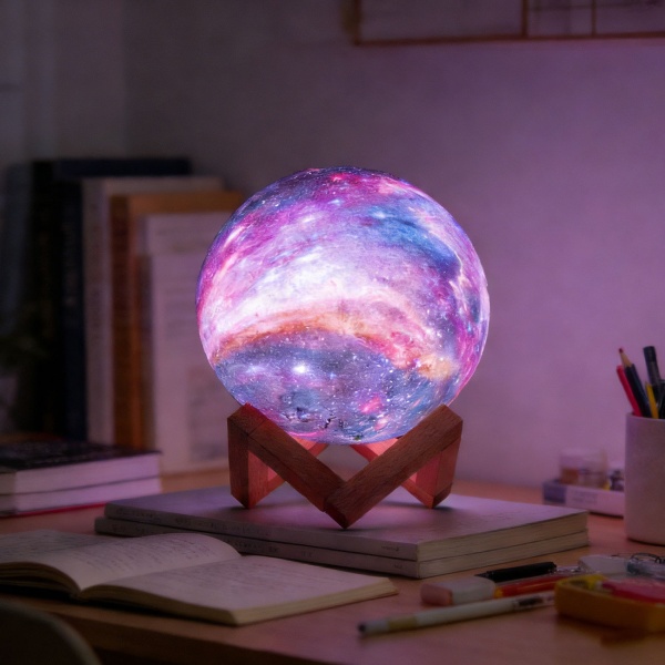 3D Galaxy Mond Lampe 15cm mit 16 Farben – Dimmbare LED Mondlampe inklusive Fernbedienung und Holzständer - Akku Nachtlicht & Deko