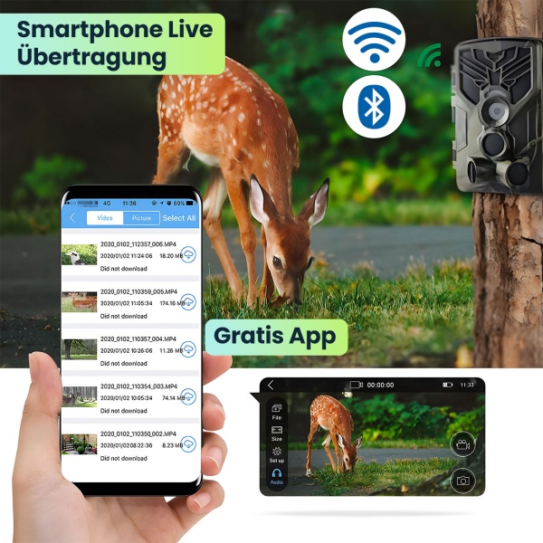 2er-Set 4K-UHD-Wildkamera mit 2 PIR Bewegungsmeldern, Smartphone Live Übertragung, Nachtsicht mit 42 IR LEDs, Farbmonitor, WLAN, Stand-by 8 Monate, IP65