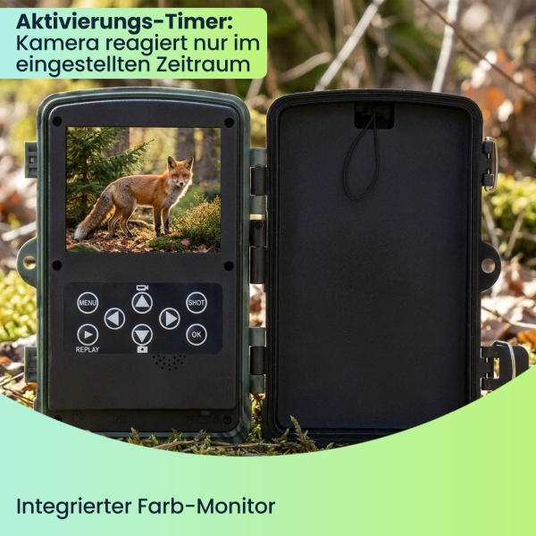 2er-Set 4K-UHD-Wildkamera mit 2 PIR Bewegungsmeldern, Smartphone Live Übertragung, Nachtsicht mit 42 IR LEDs, Farbmonitor, WLAN, Stand-by 8 Monate, IP65