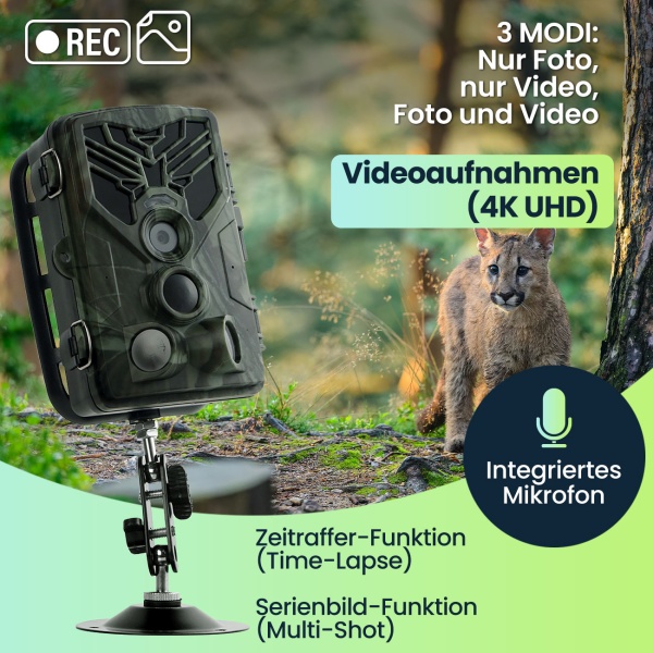 2er-Set 4K-UHD-Wildkamera mit 2 PIR Bewegungsmeldern, Smartphone Live Übertragung, Nachtsicht mit 42 IR LEDs, Farbmonitor, WLAN, Stand-by 8 Monate, IP65