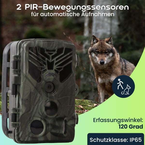 2er-Set 4K-UHD-Wildkamera mit 2 PIR Bewegungsmeldern, Smartphone Live Übertragung, Nachtsicht mit 42 IR LEDs, Farbmonitor, WLAN, Stand-by 8 Monate, IP65