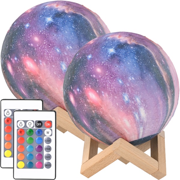 2er-Set 3D Galaxy Mond Lampe 15cm mit 16 Farben – Dimmbare LED Mondlampe inklusive Fernbedienung und Holzständer - Akku Nachtlicht & Deko