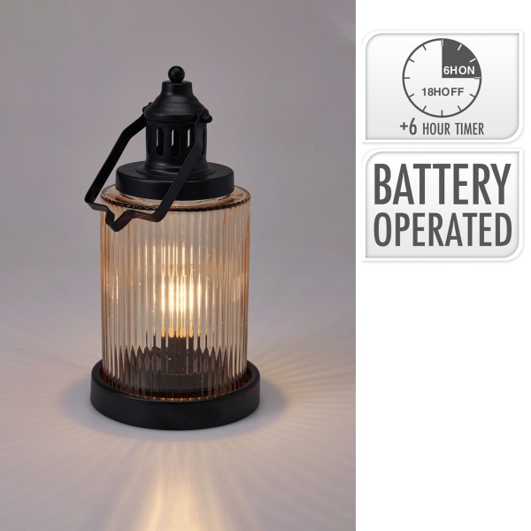 2er-Set Stilvolle LED Laterne Glas Amber 14,5x27,5 cm, Schwarz, Metall – Edle Retro Dekoleuchte mit Timer für gemütliches Balkon & Garten Deko