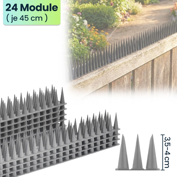 24er Set Taubenspikes Grau 10,8m - Effektive Vogelabwehr aus Polycarbonat - 3-reihige Abwehrspikes gegen Tauben, Möwen, Marder, Katzen & Eichhörnchen