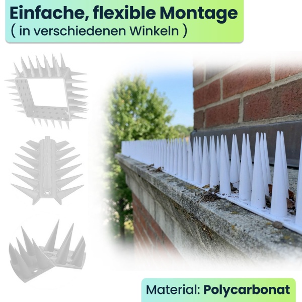 24er Set Taubenspikes Weiss 10,8m - Effektive Vogelabwehr aus Polycarbonat - 3-reihige Abwehrspikes gegen Tauben, Möwen, Marder, Katzen & Eichhörnchen