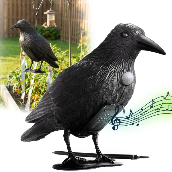 2er-Set Realistische Vogelabwehr Krähe mit Sound: Batteriebetriebener Raben Vogelschreck für effektive Vogelabwehr. Natürliche Krähengeräusche zur Abschreckung