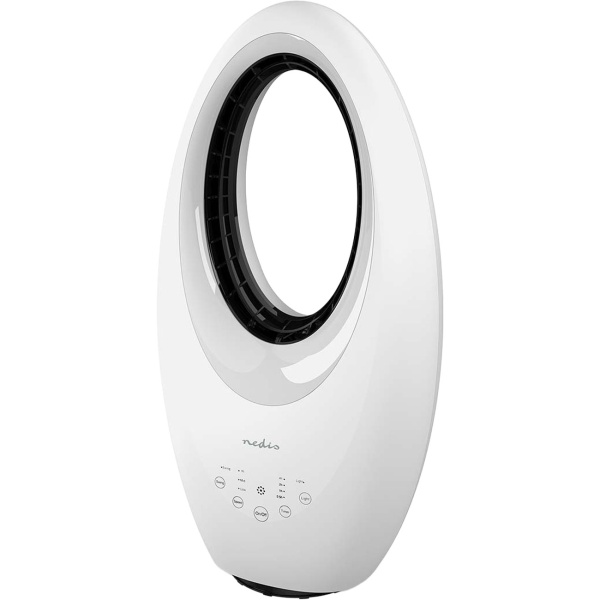 Rotorloser Tischventilator Weiss – Sicherer Turmventilator mit 60° Oszillation, 4-Farben-Licht, Timer & Fernbedienung, 50W Power