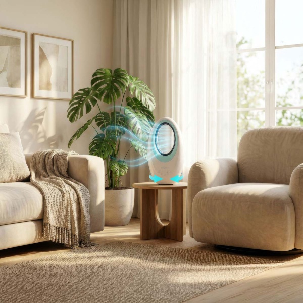 Rotorloser Tischventilator Weiss – Sicherer Turmventilator mit 60° Oszillation, 4-Farben-Licht, Timer & Fernbedienung, 50W Power