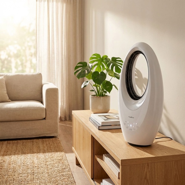 Rotorloser Tischventilator Weiss – Sicherer Turmventilator mit 60° Oszillation, 4-Farben-Licht, Timer & Fernbedienung, 50W Power