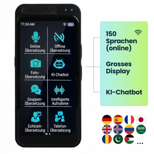 Revolutionärer Echtzeit-Übersetzer: 150 Sprachen, Sofort-Übersetzung, Text- & Sprachfunktion, Währungsrechner, grosses Display, KI-Chatbot