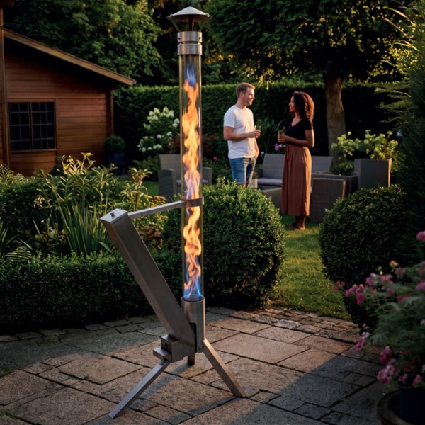 Pelletfackel für den Garten – Eleganter Terrassenheizer mit Glas-Feuerrohr & Edelstahlgestell, Raucharmes Tischfeuer für Holzpellets