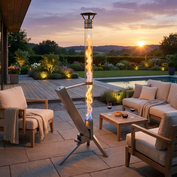 Pelletfackel für den Garten – Eleganter Terrassenheizer mit Glas-Feuerrohr & Edelstahlgestell, Raucharmes Tischfeuer für Holzpellets