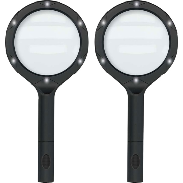 2er-Set LED Leselupe: 2x Vergrösserung, 9cm Glaslinse, Profi Handlupe beleuchtet, ideal für Senioren, Hobby & Basteln - Seh- & Lesehilfe