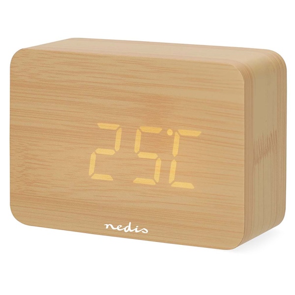 Edler Digital-Wecker Holz-Optik: Kompakter Tischwecker mit LED-Anzeige, Thermometer, USB & Batterie – ideal für Nachttisch, Büro & Reisen