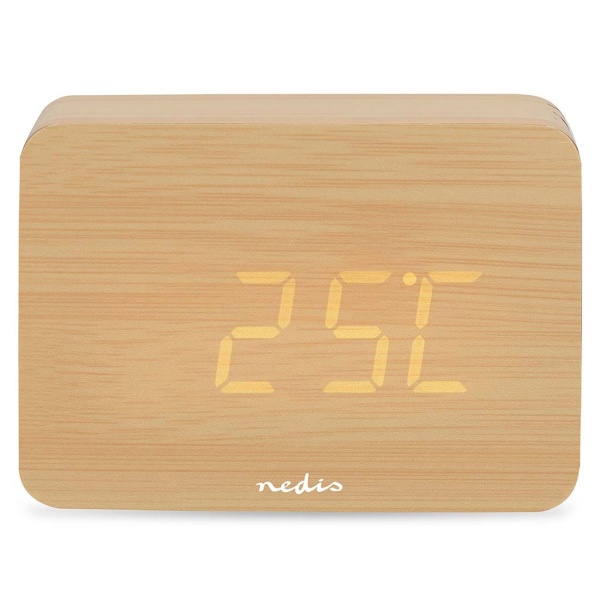 Edler Digital-Wecker Holz-Optik: Kompakter Tischwecker mit LED-Anzeige, Thermometer, USB & Batterie – ideal für Nachttisch, Büro & Reisen