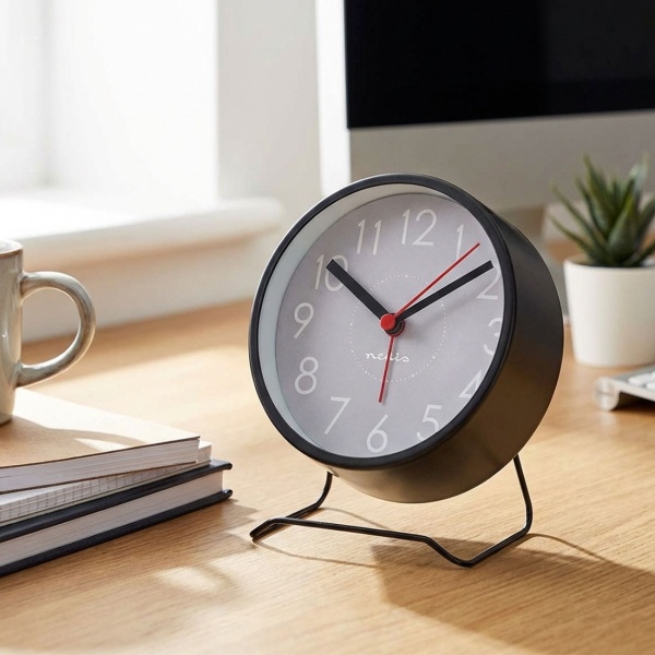 Lautloser Analoger Wecker in Schwarz – Kompakter Retro Tischwecker ohne Ticken, Modernes Design, Grau-Analog-Zifferblatt, Quartz Uhr