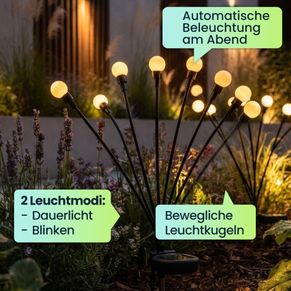Solar Glühwürmchenlicht für Garten: 8 bewegliche Leuchtkugeln mit 2 Modi, Erdspiess für stimmungsvolle Gartenbeleuchtung, 65 cm Höhe, wetterfest & dekorativ