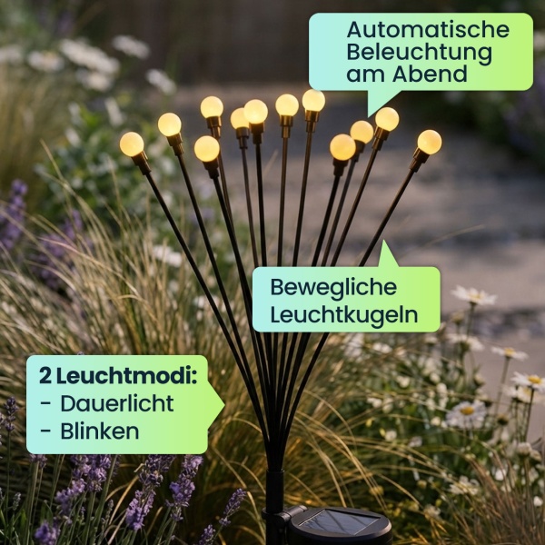 Solar Glühwürmchenlicht für Garten: 12 bewegliche Leuchtkugeln mit 2 Modi, Erdspiess für stimmungsvolle Gartenbeleuchtung, 65 cm Höhe, wetterfest & dekorativ