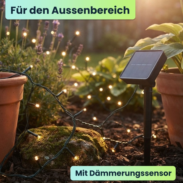 Solar Lichterkette mit 100 warmweissen LEDs für den Aussenbereich: 12,5m Gesamtlänge, automatischer Dämmerungssensor, ideal für Garten, Balkon & Terrasse