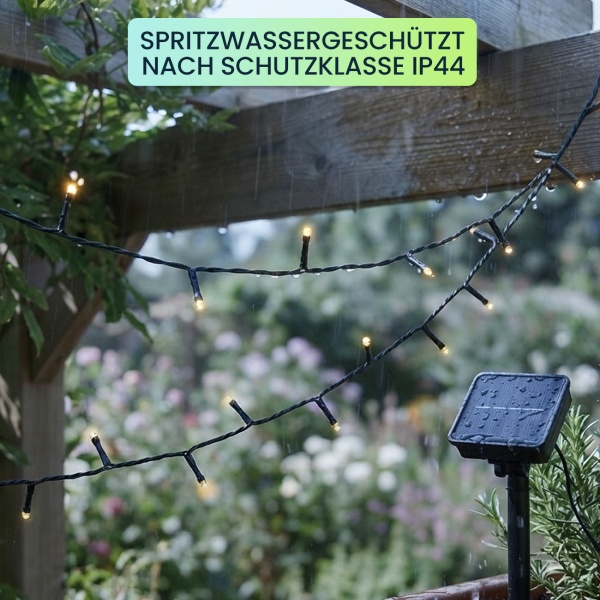 Solar Lichterkette mit 100 warmweissen LEDs für den Aussenbereich: 12,5m Gesamtlänge, automatischer Dämmerungssensor, ideal für Garten, Balkon & Terrasse