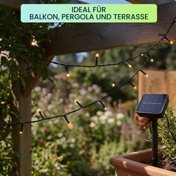 Solar Lichterkette mit 100 warmweissen LEDs für den Aussenbereich: 12,5m Gesamtlänge, automatischer Dämmerungssensor, ideal für Garten, Balkon & Terrasse