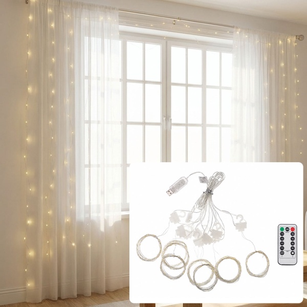 Eleganter LED-Lichtervorhang 3x3m, 300 warmweisse LEDs: Fernbedienung, 8 Modi, Dimmbar, Timer & USB-Anschluss, ideal für Party, Hochzeit & Wohndeko