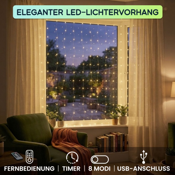 Eleganter LED-Lichtervorhang 3x3m, 300 warmweisse LEDs: Fernbedienung, 8 Modi, Dimmbar, Timer & USB-Anschluss, ideal für Party, Hochzeit & Wohndeko