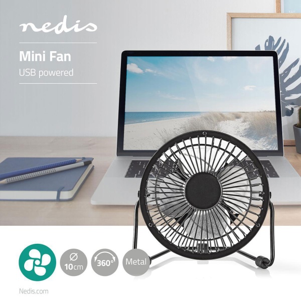 Kompakter USB Tischventilator aus Metall in Schwarz, Mini Ventilator für Büro & Laptop, 360° drehbar, robust & effizient, 3W, USB-A