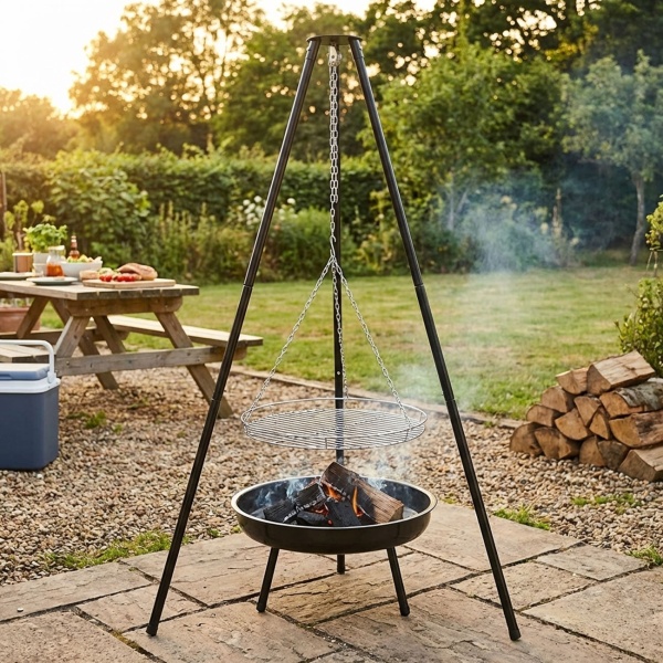 Schwenkgrill mit 50 cm Edelstahl-Grillrost und 52 cm emaillierter Feuerschale, stabiles Stahlrohrgestell, höhenverstellbarer Rost über Kette