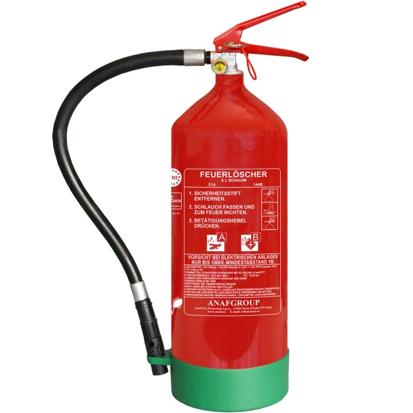 6L Schaumfeuerlöscher Fluorfrei, Brandklasse A B, Feuerlöscher mit Manometer & Wandhalterung, 21A 144B, Löschgerät inklusive Gummischlauch