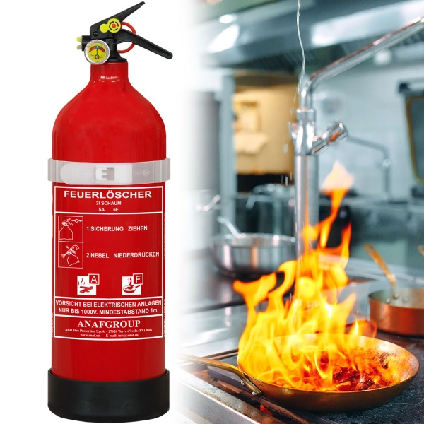 2L Schaumfeuerlöscher Fluorfrei, Brandklasse A/F, Feuerlöscher mit Manometer & Wandhalterung, 5A 5F, Fettbrandlöscher