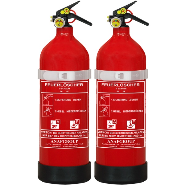 2er-Set 2L Schaumfeuerlöscher Fluorfrei, Brandklasse A/F, Feuerlöscher mit Manometer & Wandhalterung, 5A 5F, Fettbrandlöscher